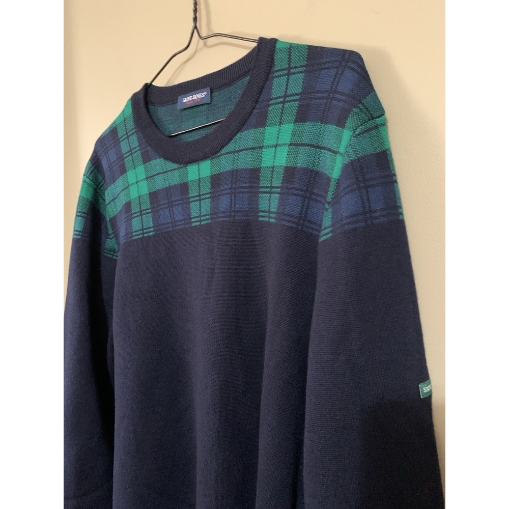 Saint James Sweater‎ New Wool Navy Green Plaid Elbow Patches Men's  Size 48 - Picture 6 of 16